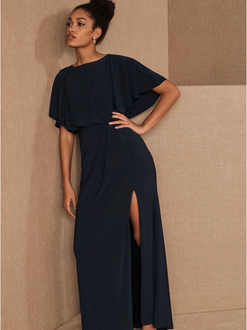 NWT Anthropologie BHLDN Lena Dress Navy Blue Maxi Draped Cape Sleeve Side Slit